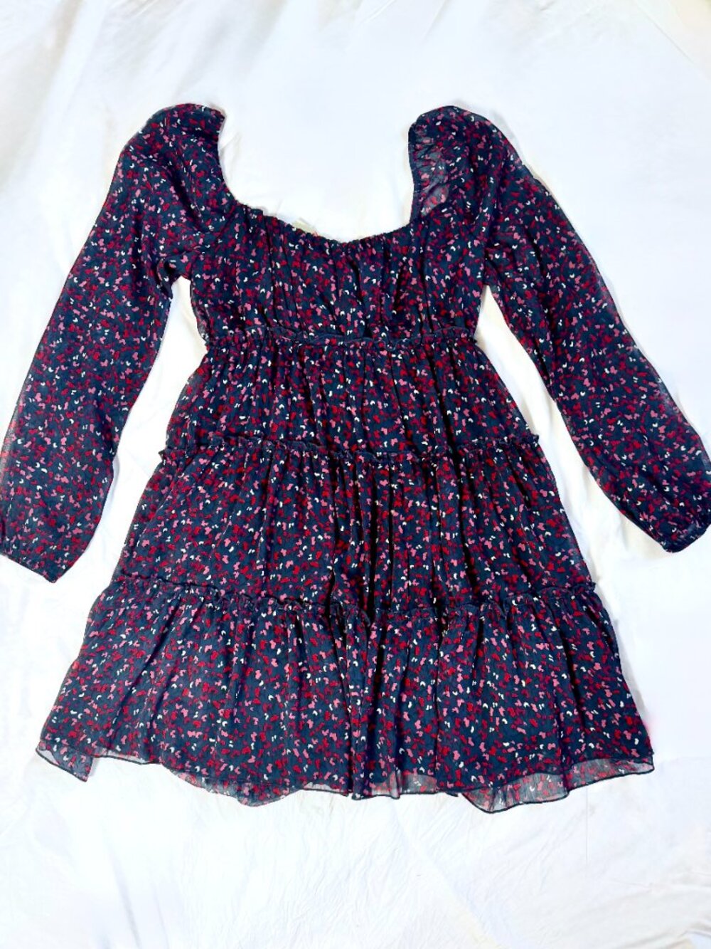 Francesca's Trixxi Emma Floral Smocked Mini Dress Navy Long Sleeve M NWT
